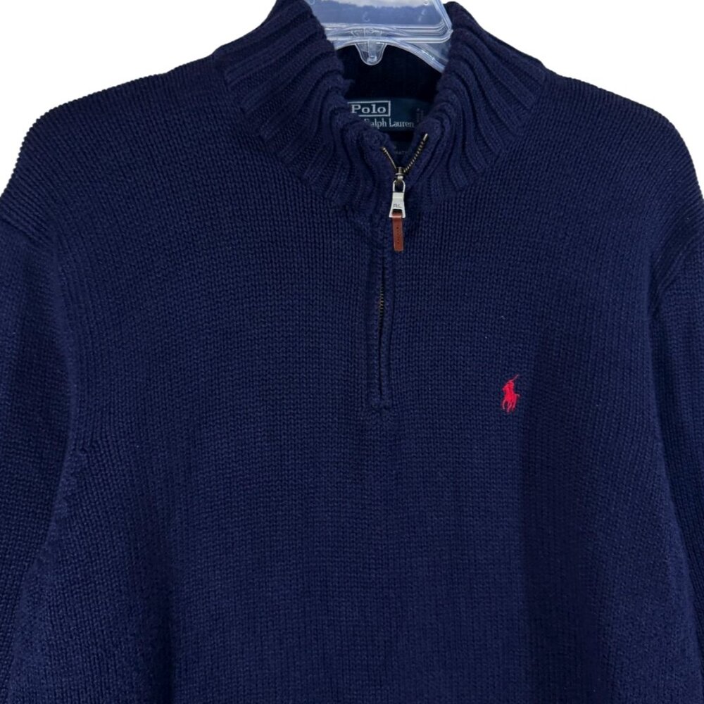 Polo Ralph Lauren 1/4 Zip  Sweater Big Mens 3XB Dark Blue Red Pony Leather Pull